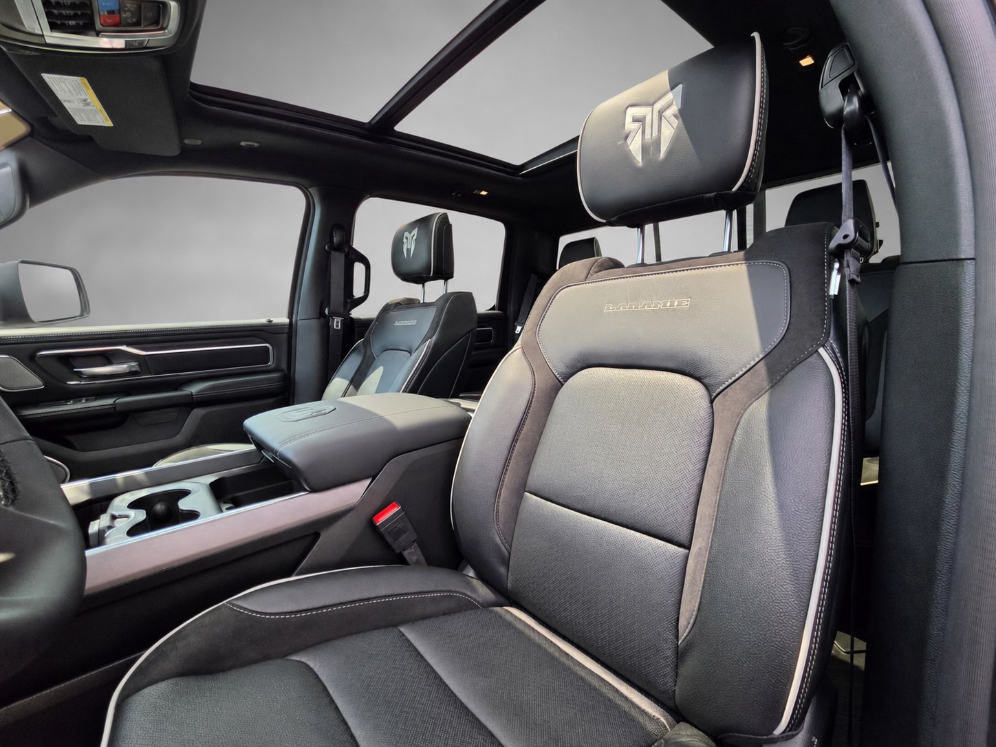 Rocky Ridge stitched headrest and panoramic sunroof interior detail